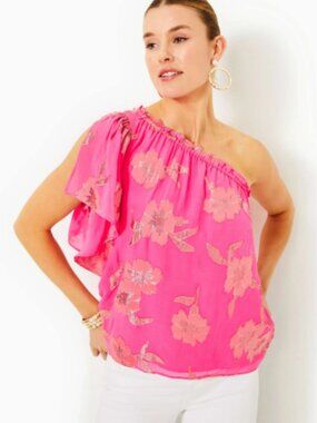 NWT Lilly Pulitzer Sarahleigh One Shoulder Silk Top Roxie Pink Size XL